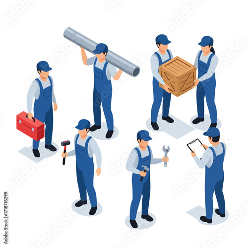 Isometric set of male and female industrial workers in blue uniforms with tools a pipe and a crate.