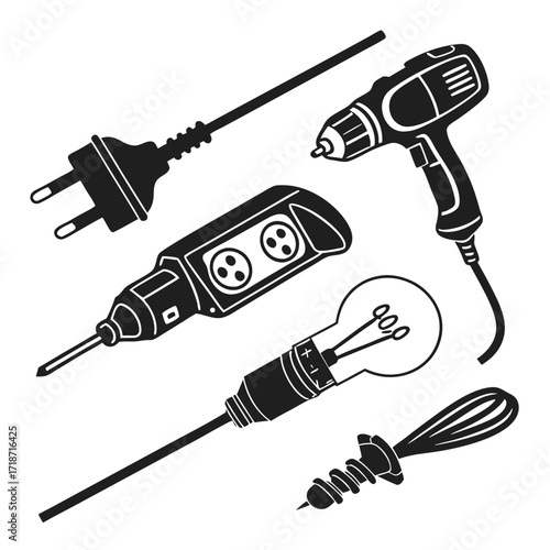 Black Silhouette of Tools and Electrical Items Keywords: drill, power drill, electric drill