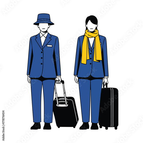 Man in a fedora and woman in a yellow scarf a traveling couple in matching blue suits with rolling luggage.