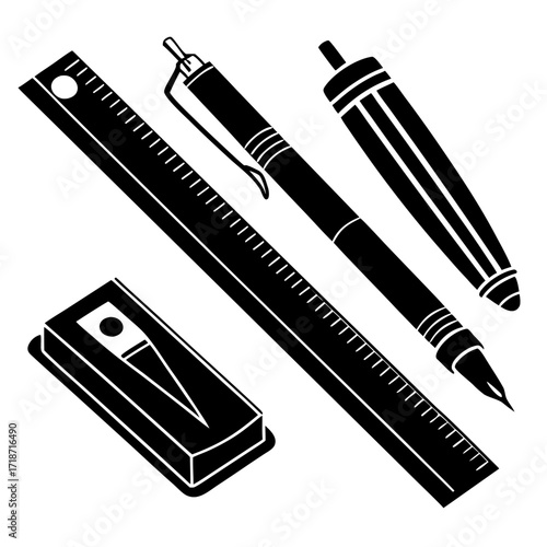 Black Silhouette School Supplies With Ruler And Pens Keywords: school supplies, stationery
