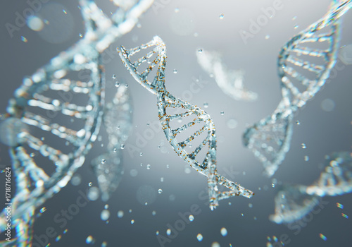 3D rendering of glowing DNA strands floating in space, symbolizing skincare science, collagen repair, and anti-aging innovation. Ideal for beauty, medical, and biotech content.
