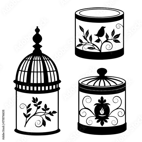 Black silhouettes of ornate birdcages and decorative jars