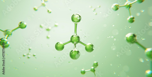 3D animation of green molecules floating in light, representing clean beauty ingredients, hydration, and scientific skincare innovation. Ideal for cosmetic branding.