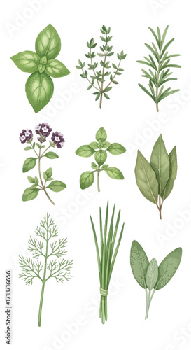 Watercolor Herbal Collection A Detailed Depiction of Culinary Herbs for Cooking and Decoration