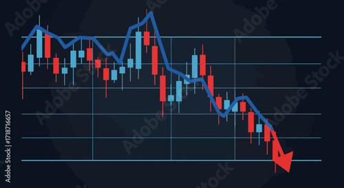 Close-up view of a downward trending stock market graph displayed on a dark background, showing red and blue candlestick chart data, illustrating a negative market trend.