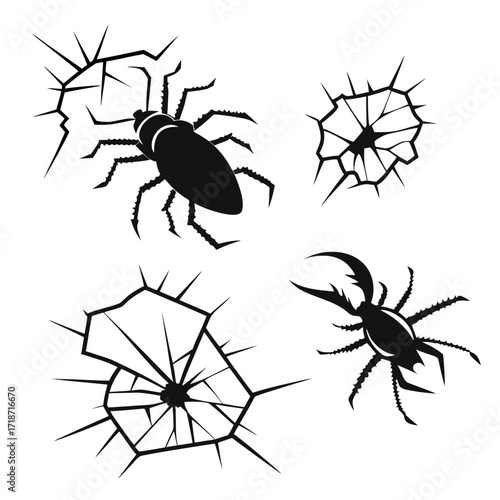Black Silhouettes of Spiders and Scorpion on White Background