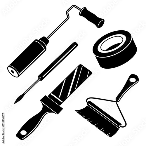 Black Silhouettes of Painting and Filing Tools paint roller
