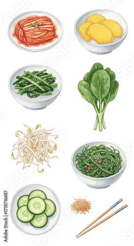 Assortment of Korean Side Dishes Watercolor Clip Art Kimchi, Seaweed, Bean Sprouts & More