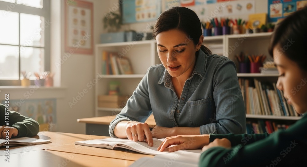 Fototapeta premium Teacher and Student Reading Book in Classroom Setting.
