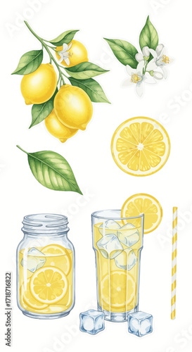 Vibrant Watercolor Lemon and Lemonade Clip Art Collection Refreshing Citrus Illustrations with Ice and Straw Elements