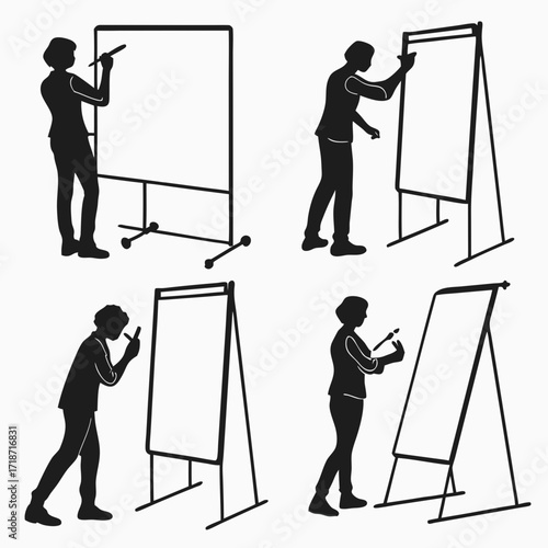 Business People Silhouettes Writing On Flip Charts And Whiteboards