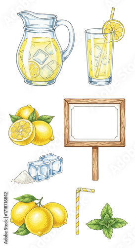 Refreshing watercolor clipart set of lemonade, pitcher, glass, lemons, ice, sugar, straw, mint, sign