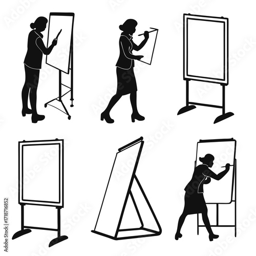 Businesswomen Silhouettes Presenting and Writing on Flip Charts