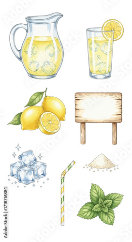 Hand-painted Watercolor Lemonade Drink Elements Featuring Citrus Fruits, Ice, and Mint
