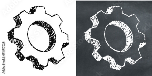 Chalk hand-drawn gear cog vector. Perfect for engineering, business, and technology themes. Evokes a classic, sketchy feel with a raw and textured aesthetic, ideal for a creative look.