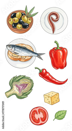 Watercolor Food Clipart Collection Olives, Fish, Peppers, Artichoke, Tomato, and More
