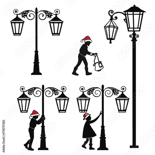 Christmas Themed Street Lamp Silhouettes with Children