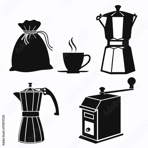 Coffee Making Equipment and Cup Silhouette Set moka pot