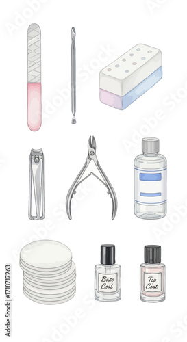 Essential Nail Care Set Watercolor Illustration of Tools and Supplies for Manicure and Pedicure