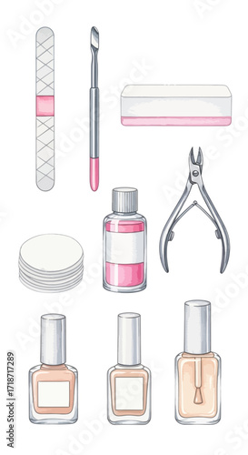 Essential Nail Care Kit A Watercolor-Style Illustration of Manicure Tools for Beauty and Relaxation