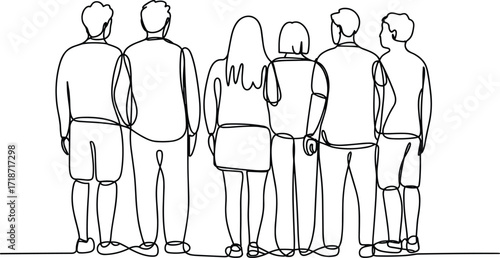 Continuous line drawing, six people standing together, back view, unity concept, friendship bond, teamwork, community support, minimalist art, togetherness illustration, diversity