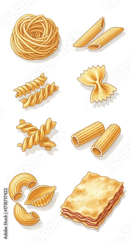 Variety of pasta shapes illustrated in a watercolor style, including spaghetti, penne, and lasagna noodles