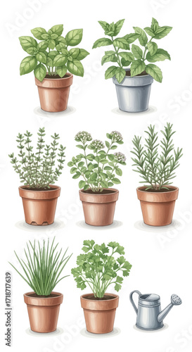 A beautifully illustrated collection of common kitchen herbs in individual pots with a watering can