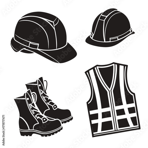 Construction Safety Equipment Icons Black Silhouette
