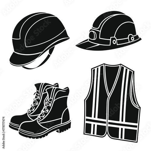 Construction Safety Gear Icons Black Silhouette hard hat