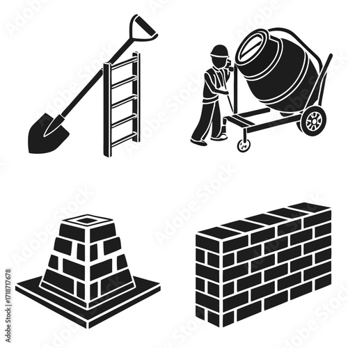 Construction icons including worker and mixer building
