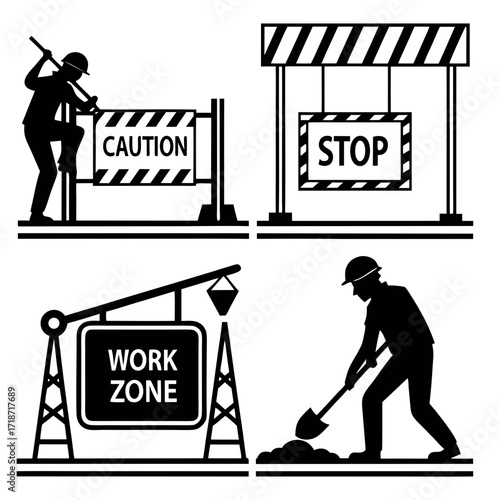 Construction site warning signs and worker silhouettes