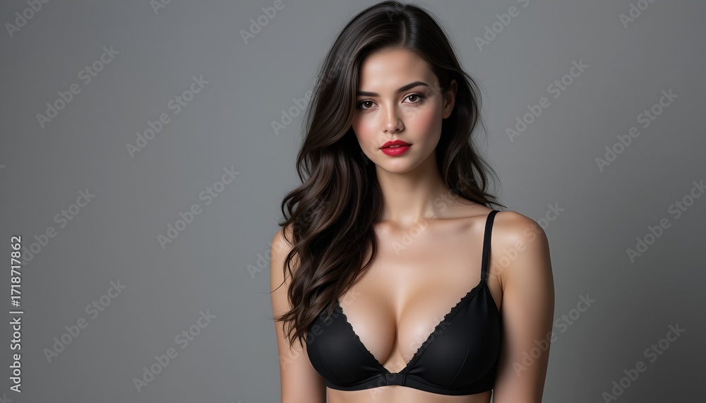 Naklejka premium Elegant portrait of a brunette woman with red lipstick wearing black lingerie top