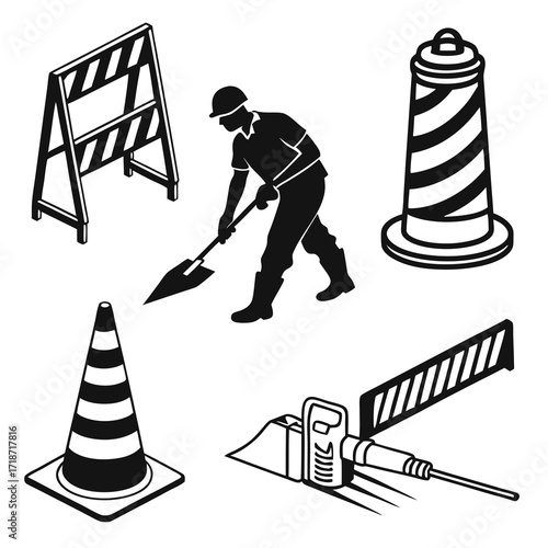 Construction worker digging and road safety equipment