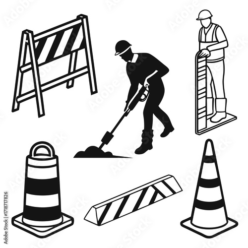 Construction worker and traffic safety equipment set