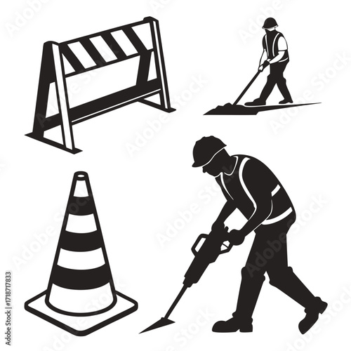 Construction worker with jackhammer and safety equipment