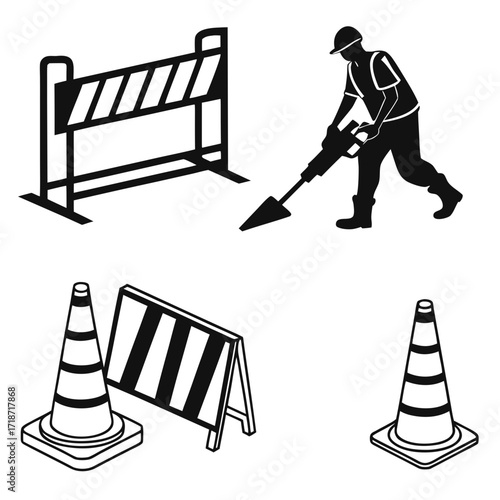 Construction worker with jackhammer and traffic barriers