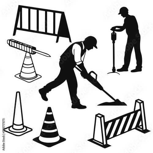 Construction workers and road safety equipment silhouettes