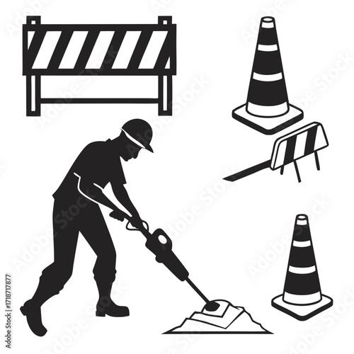 Construction worker with jackhammer and traffic cones