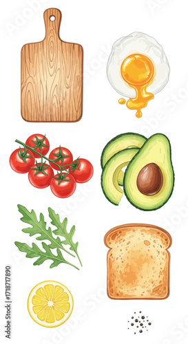 Watercolor clip art set of rustic breakfast essentials including board, egg, avocado, tomatoes, arugula, lemon, toast