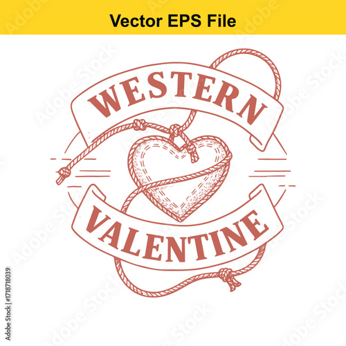 Western valentine heart with lasso and banners, isolated on white background