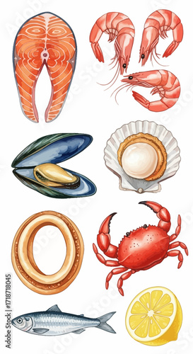 Watercolor seafood illustration set salmon steak, shrimp, mussel, scallop, bagel, crab, sardine and lemon