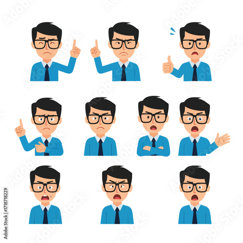 Vector illustration set of a businessman character with glasses showing various emotions and gestures.