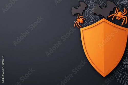 Halloween cyber security technology concept with orange shield spider bat and web on dark background for spooky digital protection