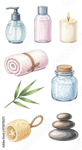 Watercolor spa essentials Serene illustration of bath products and wellness items for relaxation and self-care