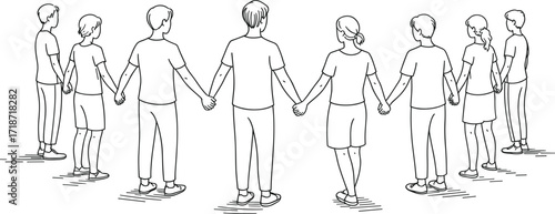 Continuous line drawing, people holding hands in circle, unity concept, teamwork, friendship bond, community support, minimalist art, togetherness illustration, cooperation, solidarity