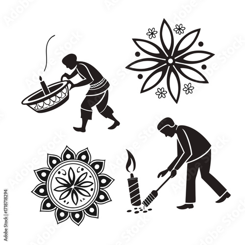 Diwali festival icons with people and decorative elements Keywords: diwali, festival