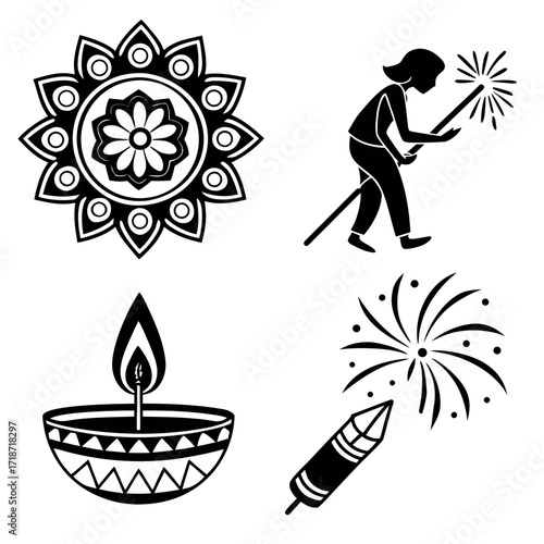 Diwali Festival Icons with Fireworks and Diya celebration