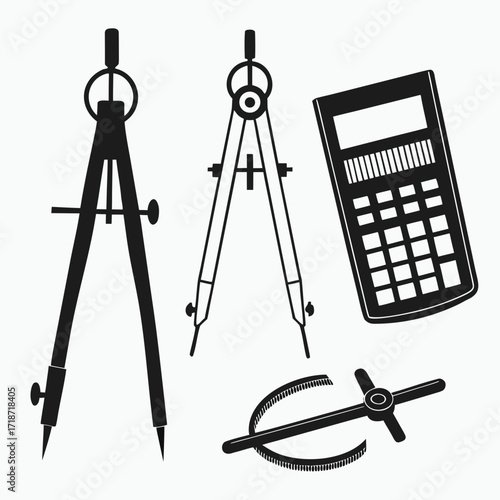 Drafting Tools and Calculator Silhouette Set Keywords: compass, divider, drafting compass