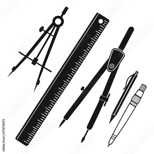 Drawing Instruments Compass Ruler and Pen Silhouette Group