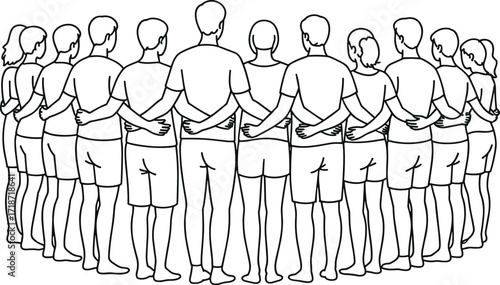 Continuous line drawing, group of people in circle, arms around shoulders, unity concept, friendship bond, teamwork, community support, minimalist art, togetherness illustration, solidarity